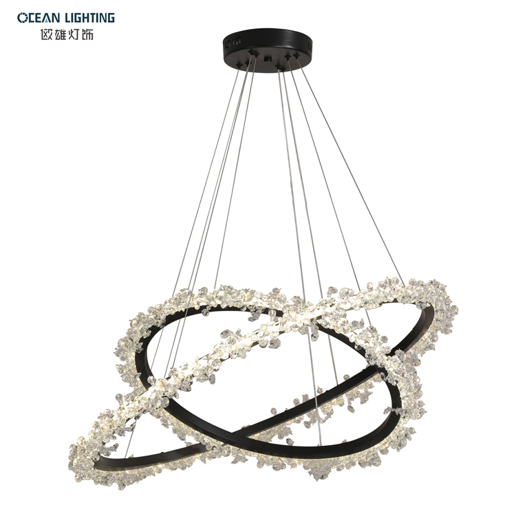 Modern Design LED Pendant Light Black And Copper Chinese K9 Crystal 2 Rings Chandelier