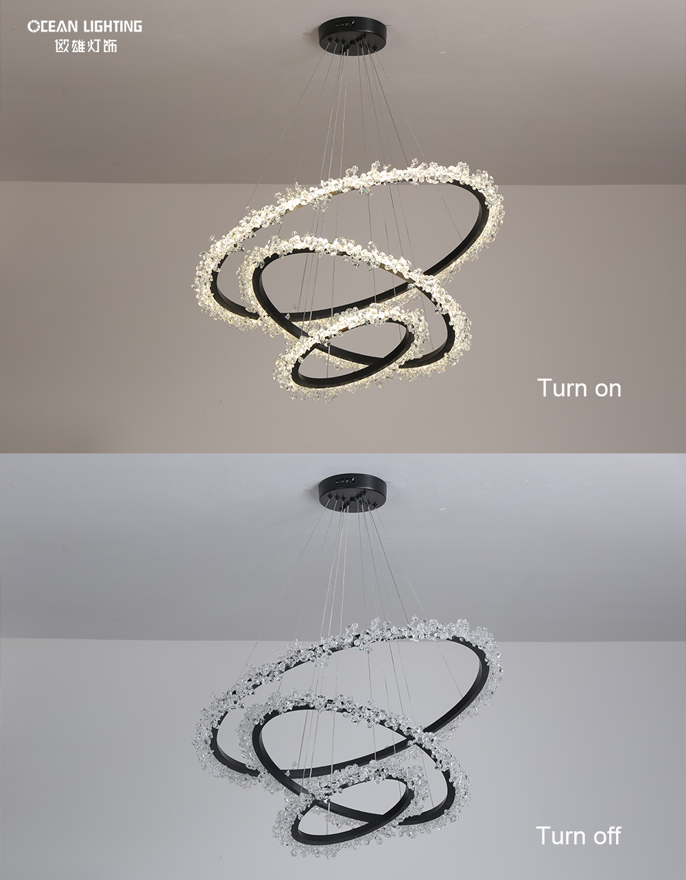 Nordic Modern Design LED Dinner Hanging Pendant Light Chinese K9 Crystal 3 Rings Chandelier